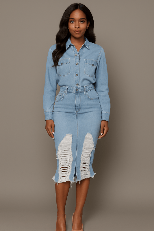 Women’s Distressed Slit Denim Skirt - ShalayeFashion