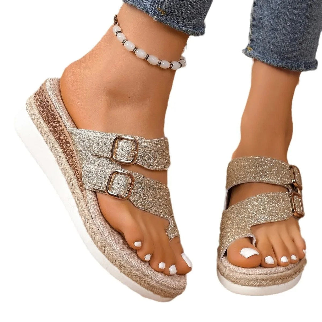 Women's Double Buckle Wedge Mid Heels - ShalayeFashion