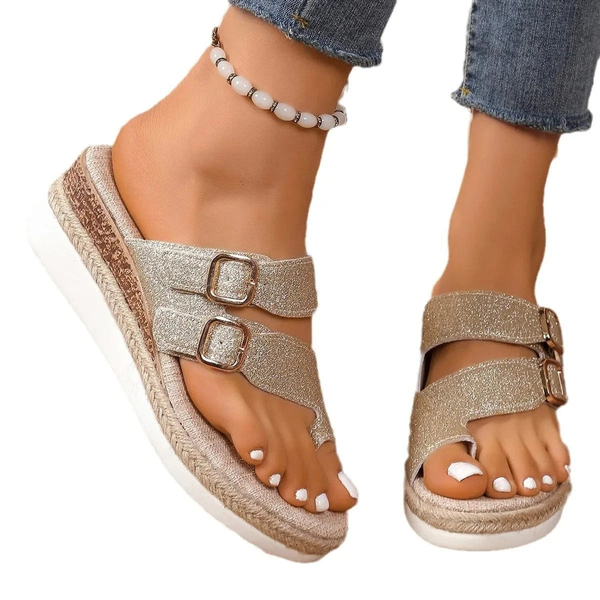 Women's Double Buckle Wedge Mid Heels - ShalayeFashion