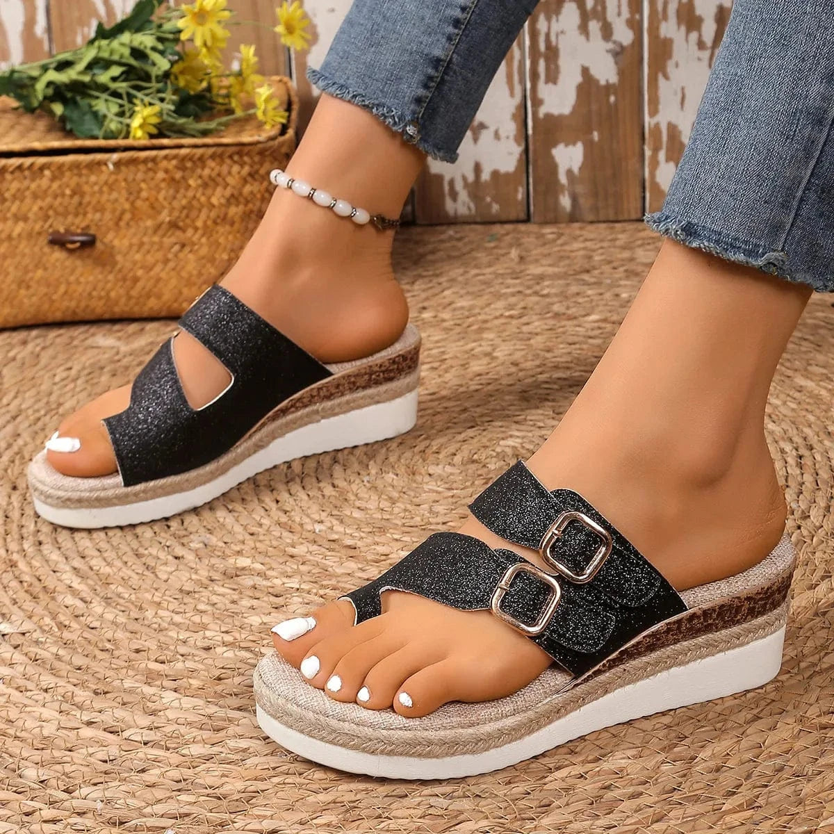 Women's Double Buckle Wedge Mid Heels - ShalayeFashion