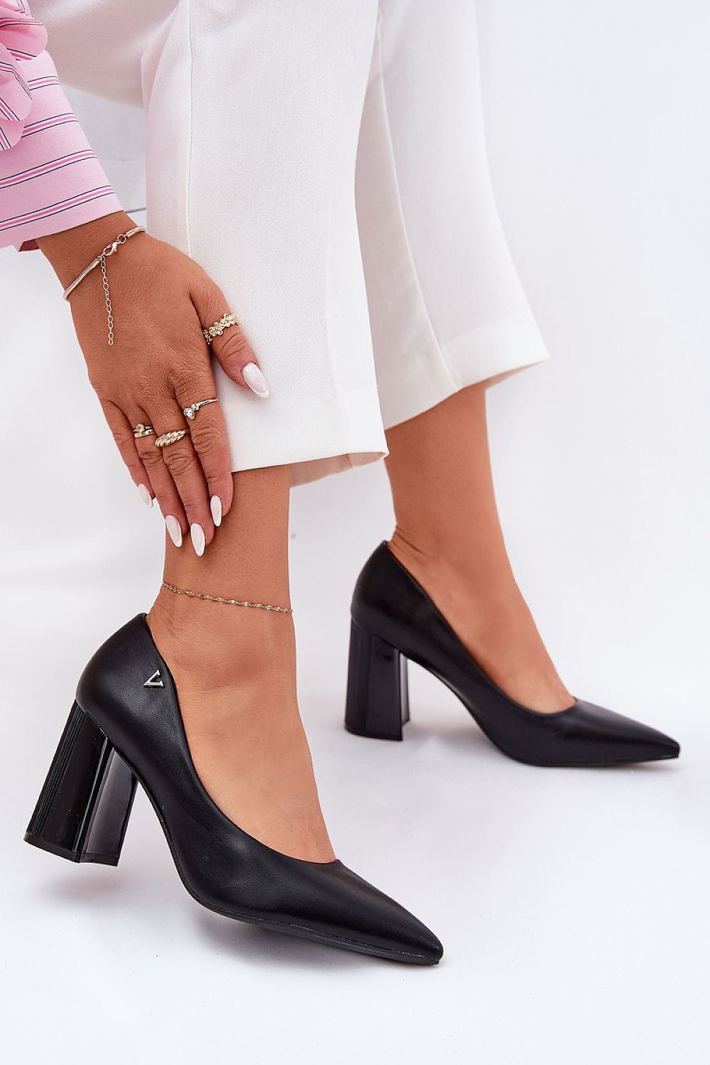 Women's Eco Leather Block Heel Pumps Elegant - ShalayeFashion