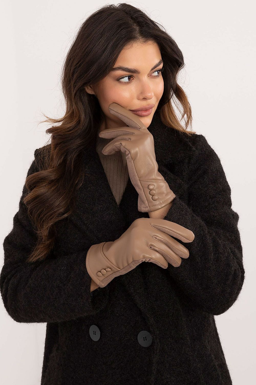 Women's Eco Leather Insulated Touchscreen Gloves Buttons - ShalayeFashion