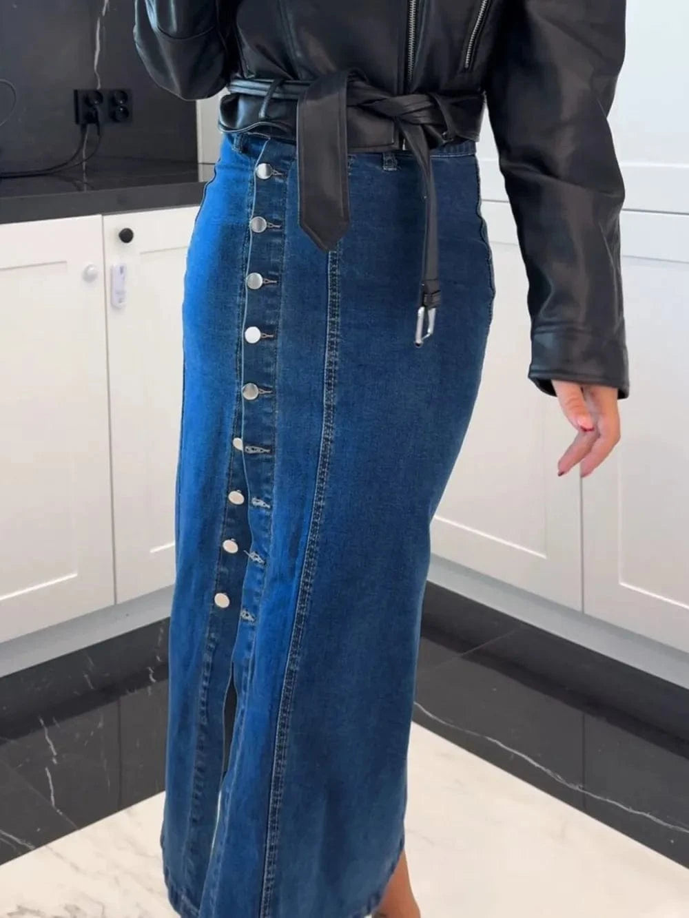 Women’s Front Button Slit Midi Jean Skirt - ShalayeFashion