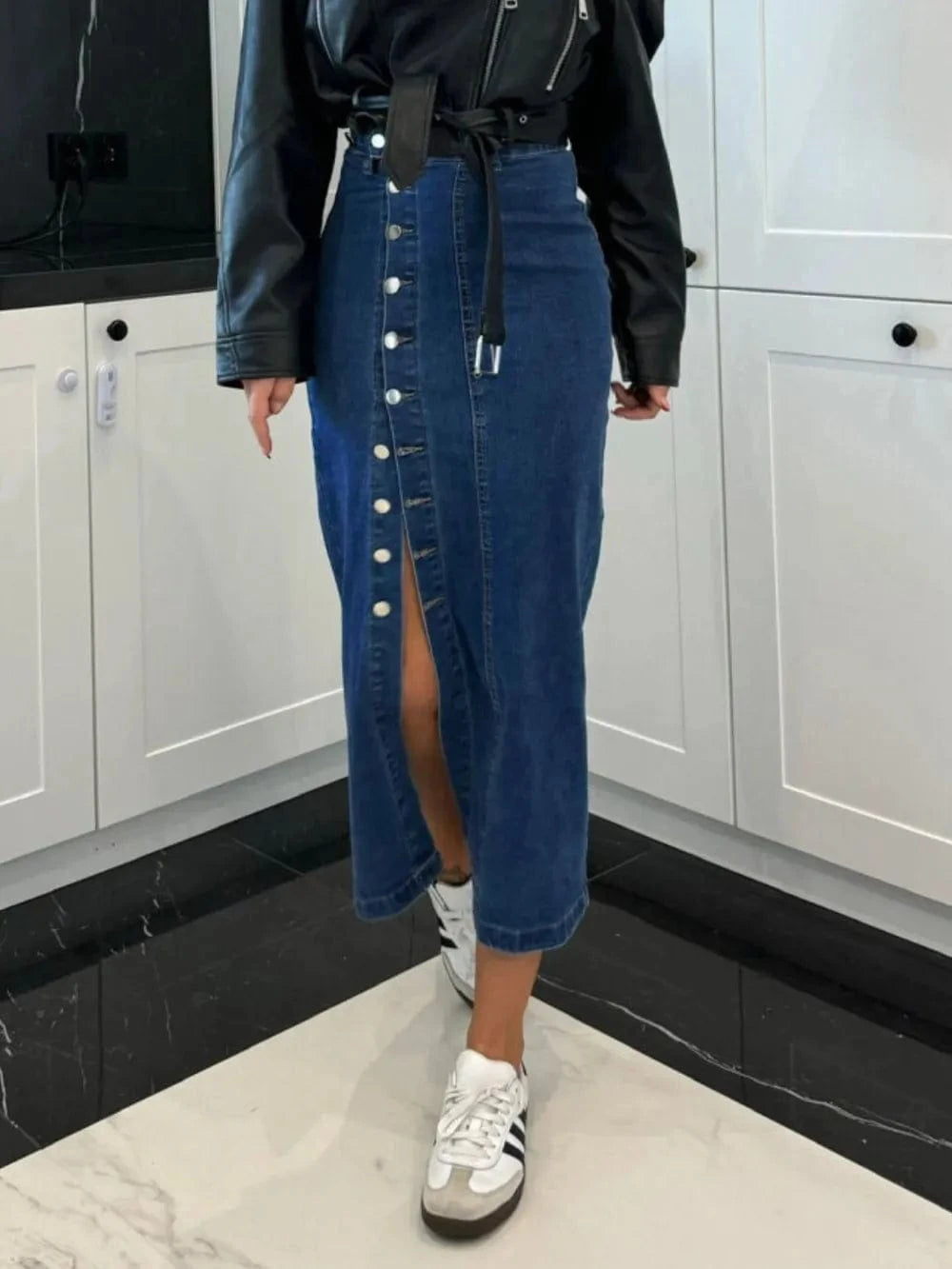 Women’s Front Button Slit Midi Jean Skirt - ShalayeFashion
