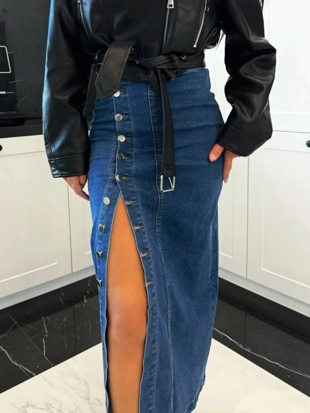 Women’s Front Button Slit Midi Jean Skirt - ShalayeFashion