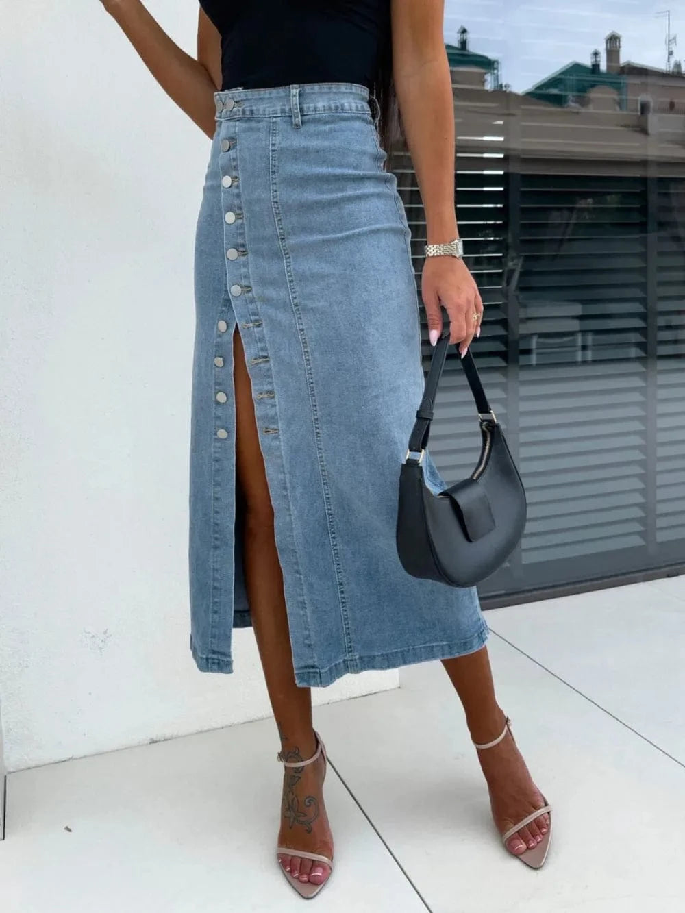 Women’s Front Button Slit Midi Jean Skirt - ShalayeFashion