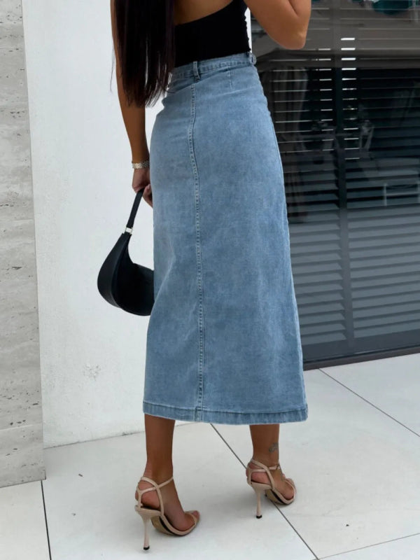 Women’s Front Button Slit Midi Jean Skirt - ShalayeFashion