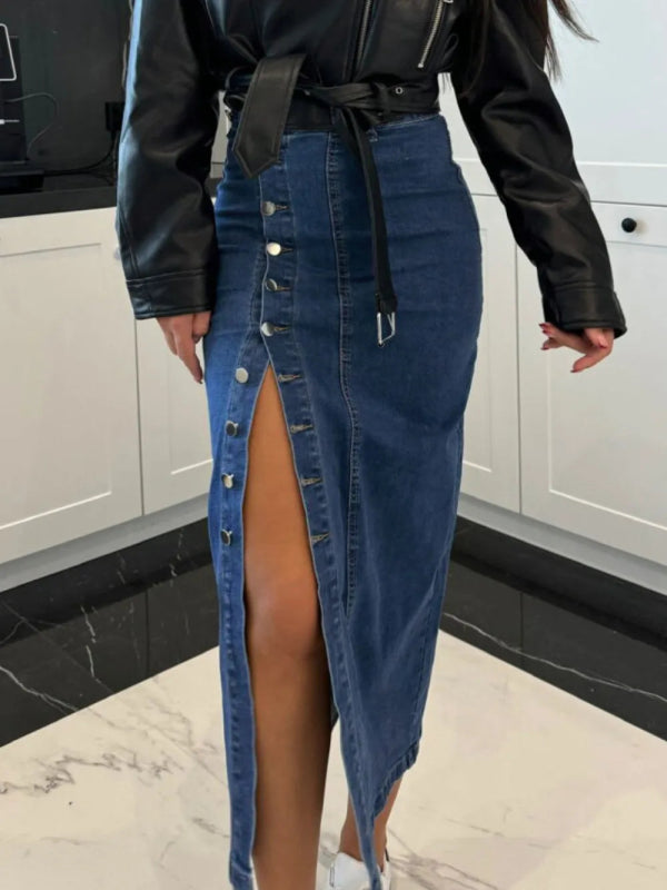 Women’s Front Button Slit Midi Jean Skirt - ShalayeFashion