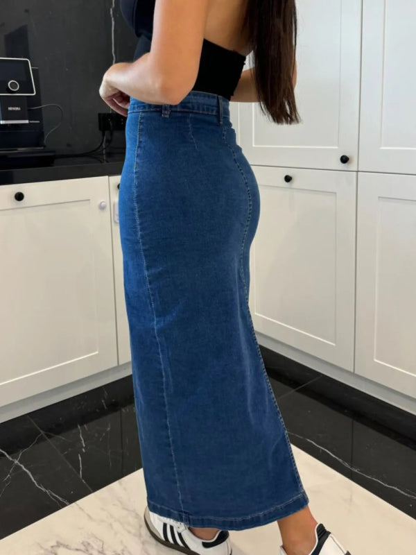Women’s Front Button Slit Midi Jean Skirt - ShalayeFashion