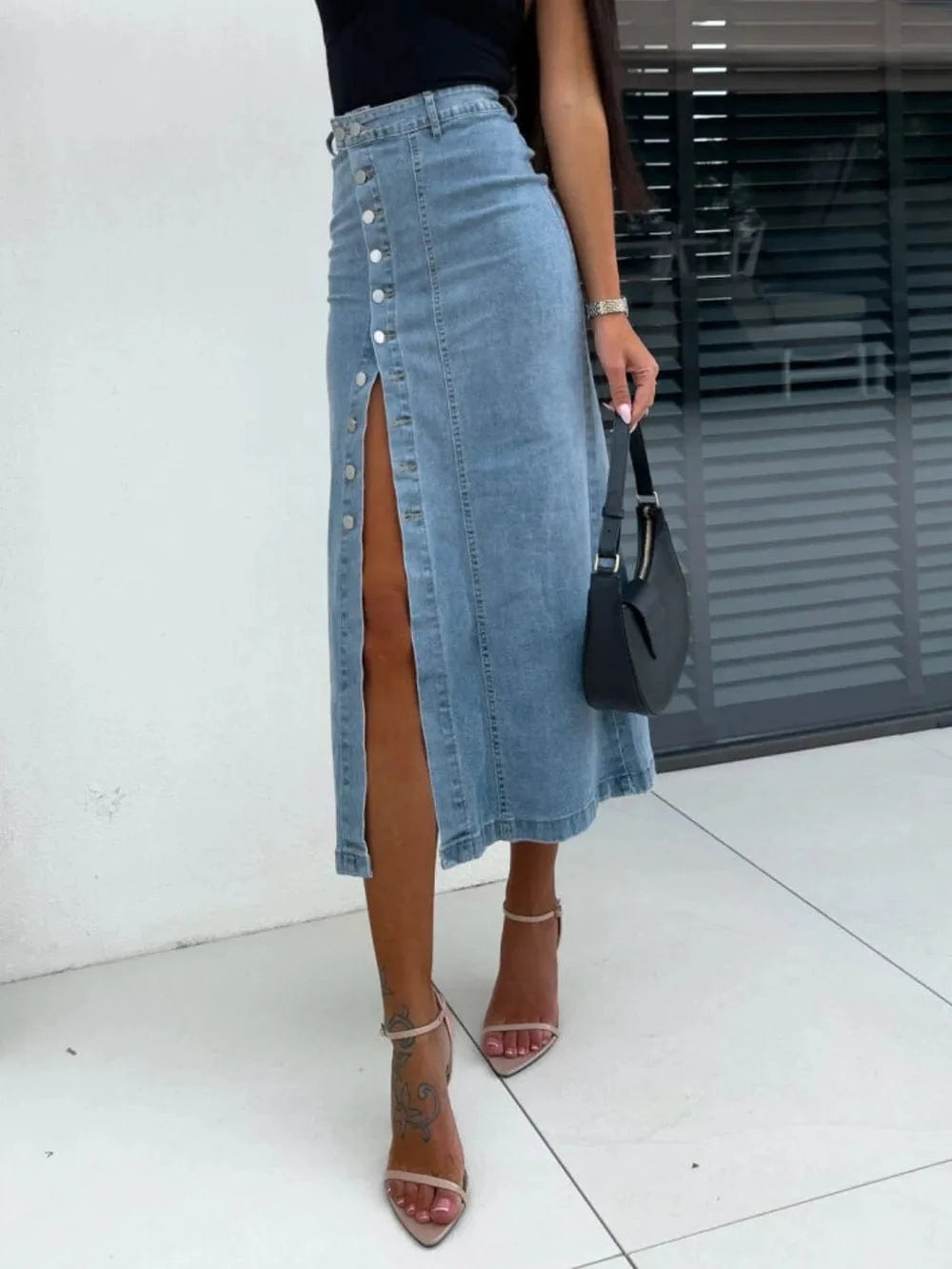 Women’s Front Button Slit Midi Jean Skirt - ShalayeFashion