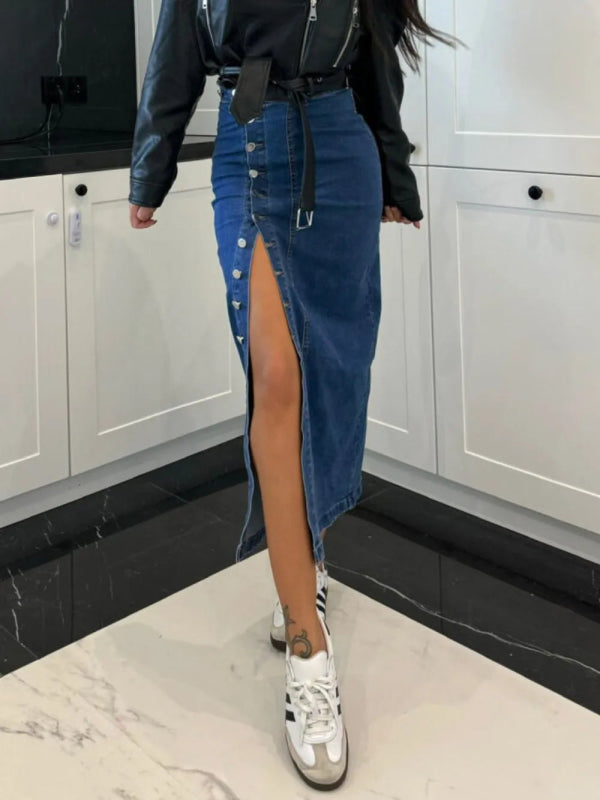 Women’s Front Button Slit Midi Jean Skirt - ShalayeFashion