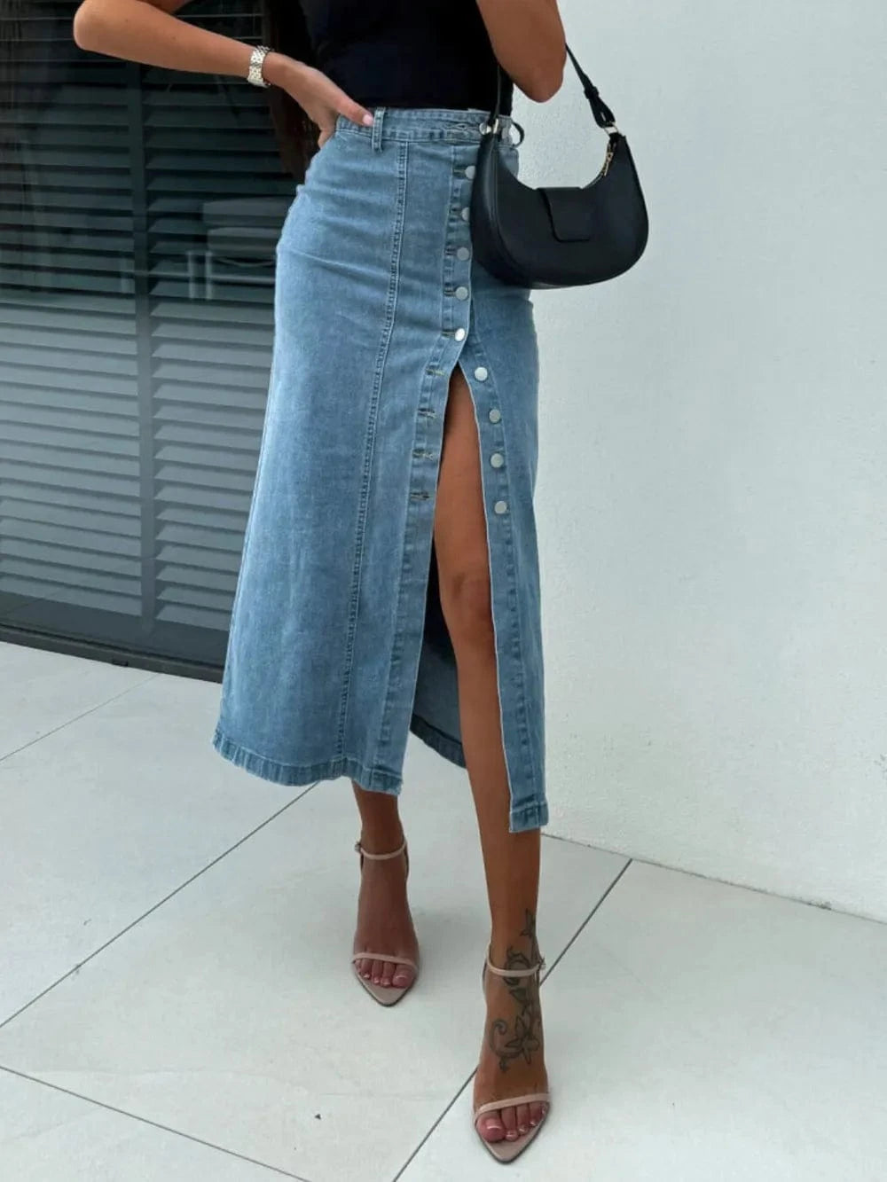 Women’s Front Button Slit Midi Jean Skirt - ShalayeFashion