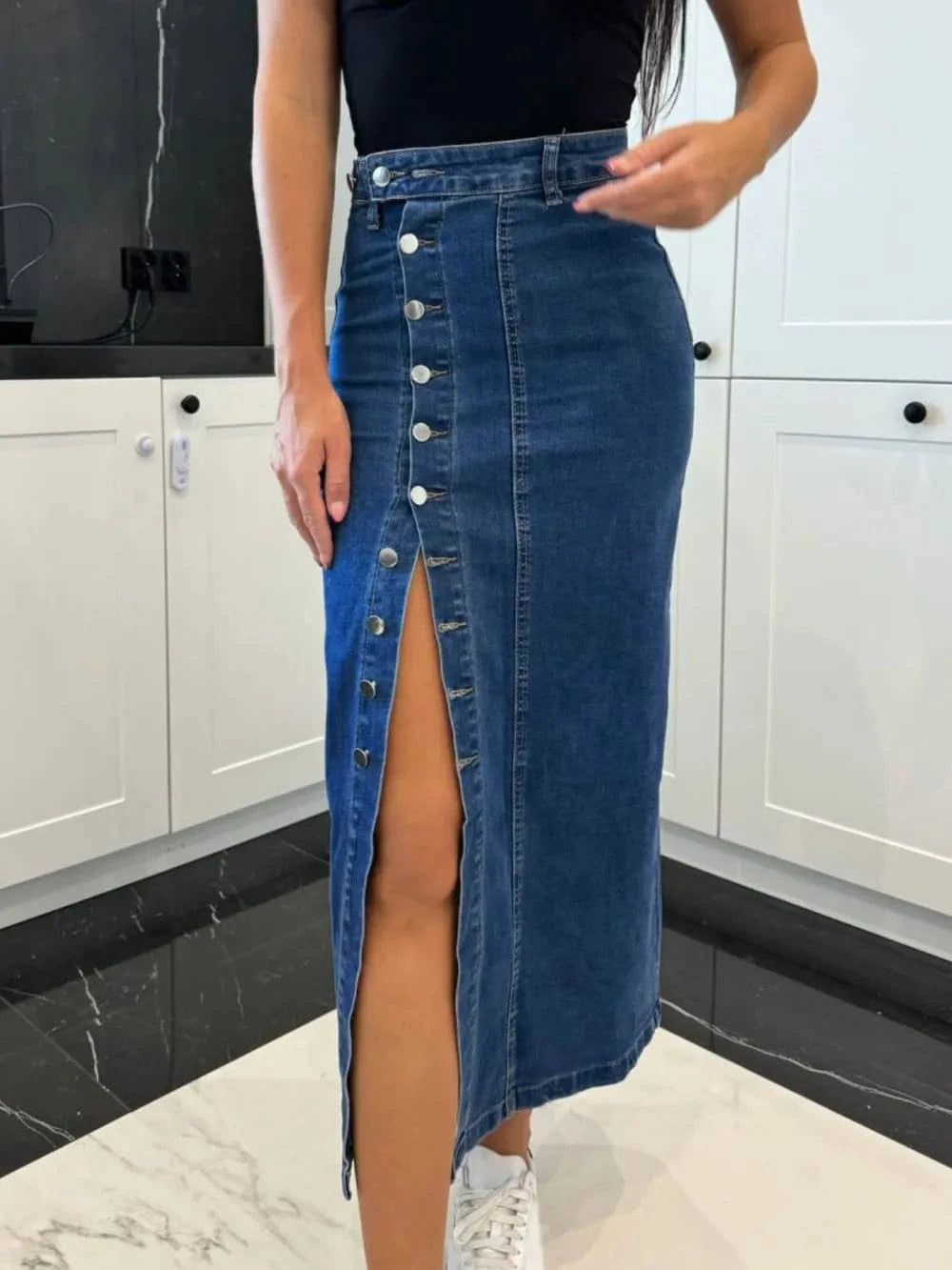 Women’s Front Button Slit Midi Jean Skirt - ShalayeFashion