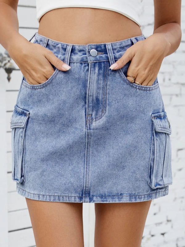 Women’s High Waist Cargo Denim Skirt - ShalayeFashion