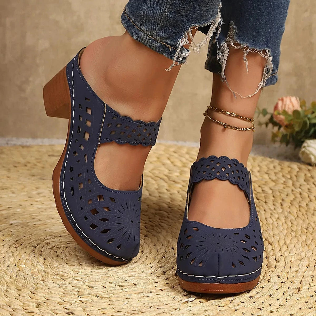 Women's Hollow Out Block Heels Sandals - ShalayeFashion
