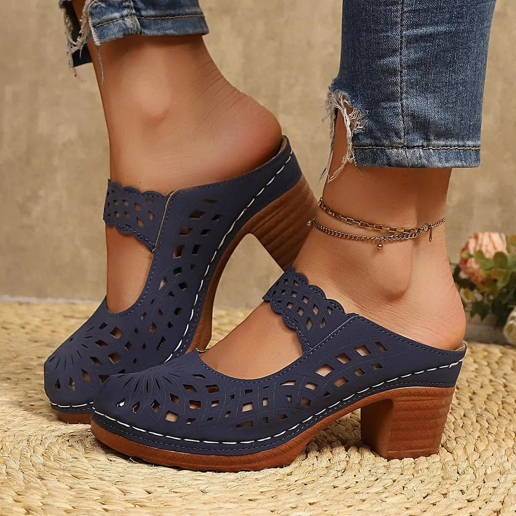 Women's Hollow Out Block Heels Sandals - ShalayeFashion