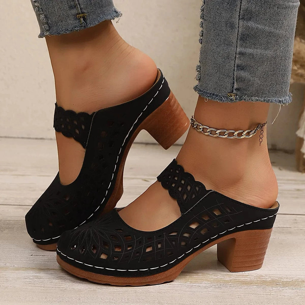 Women's Hollow Out Block Heels Sandals - ShalayeFashion