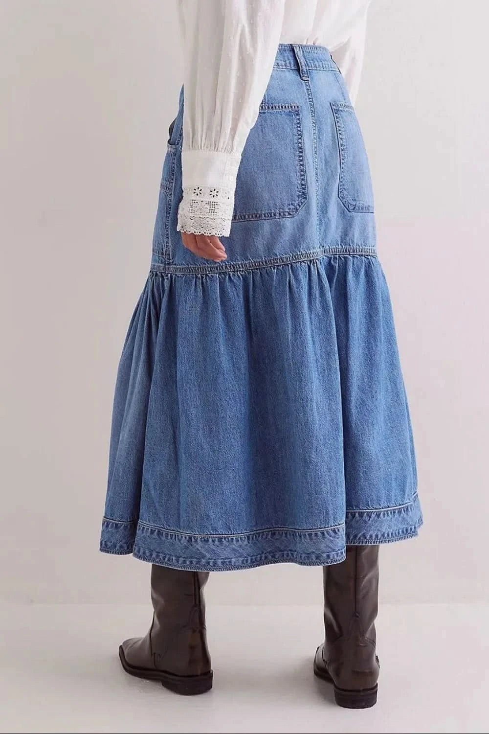 Women’s Midi Denim Skirt with Pockets - ShalayeFashion