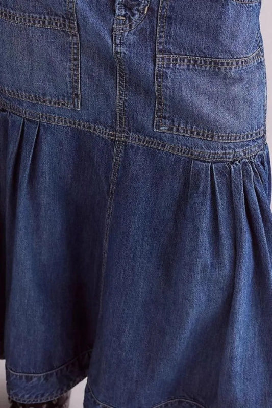 Women’s Midi Denim Skirt with Pockets - ShalayeFashion