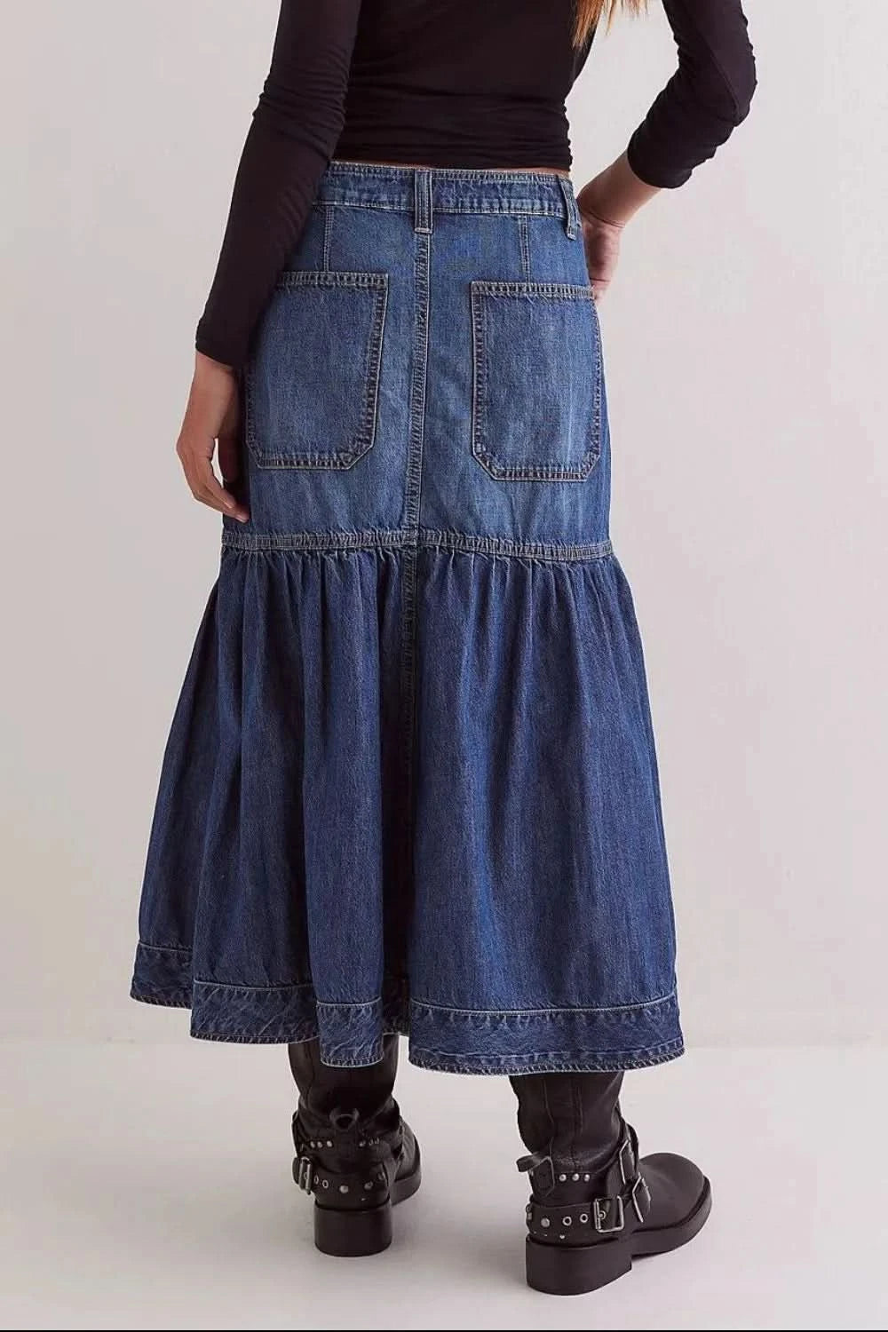 Women’s Midi Denim Skirt with Pockets - ShalayeFashion
