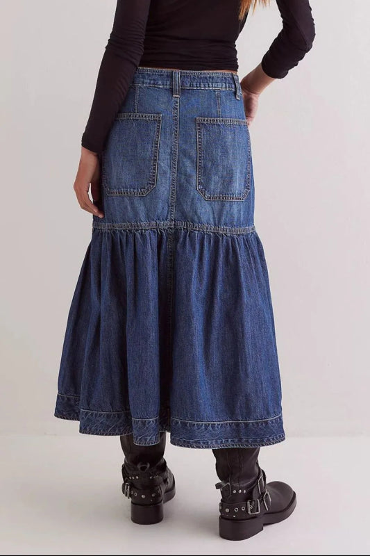 Women’s Midi Denim Skirt with Pockets - ShalayeFashion