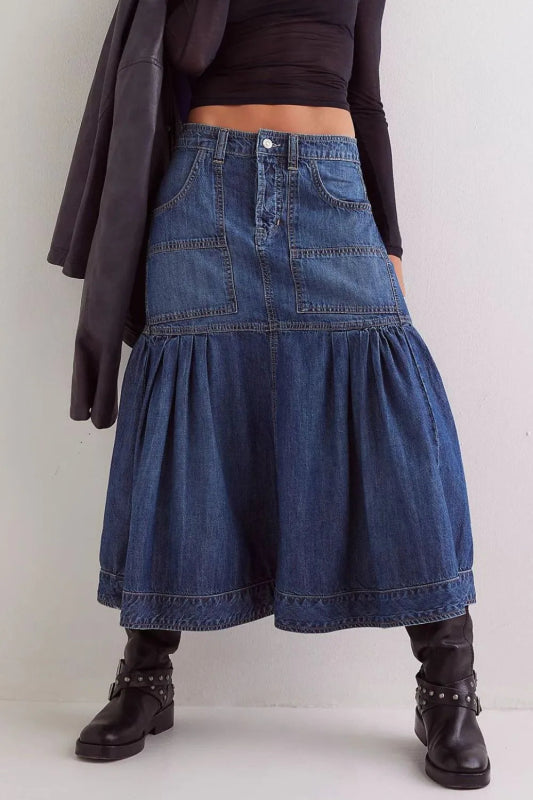 Women’s Midi Denim Skirt with Pockets - ShalayeFashion