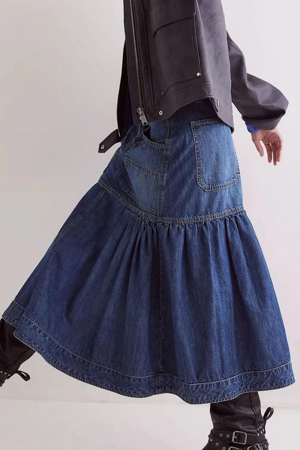 Women’s Midi Denim Skirt with Pockets - ShalayeFashion
