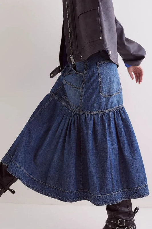 Women’s Midi Denim Skirt with Pockets - ShalayeFashion