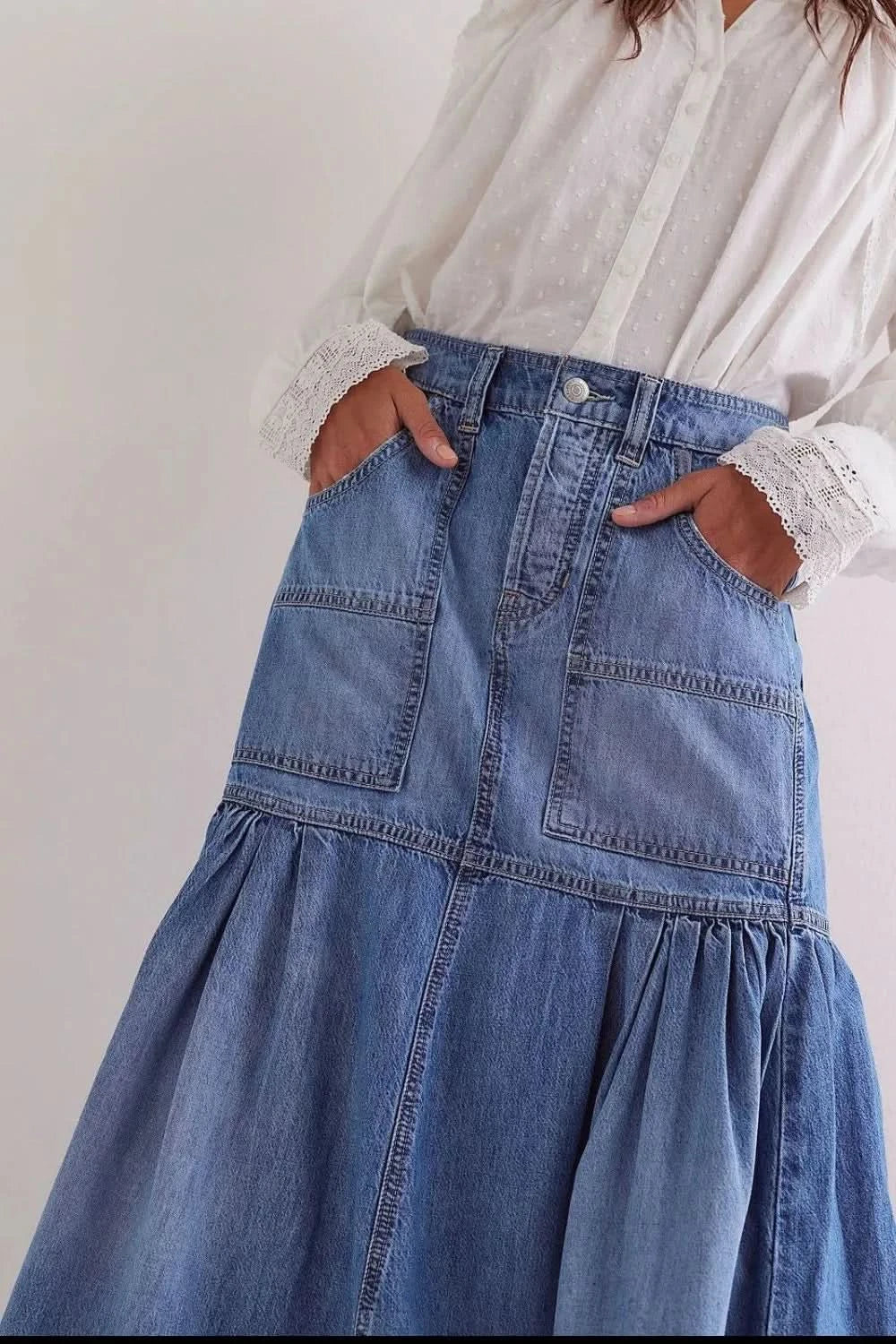 Women’s Midi Denim Skirt with Pockets - ShalayeFashion
