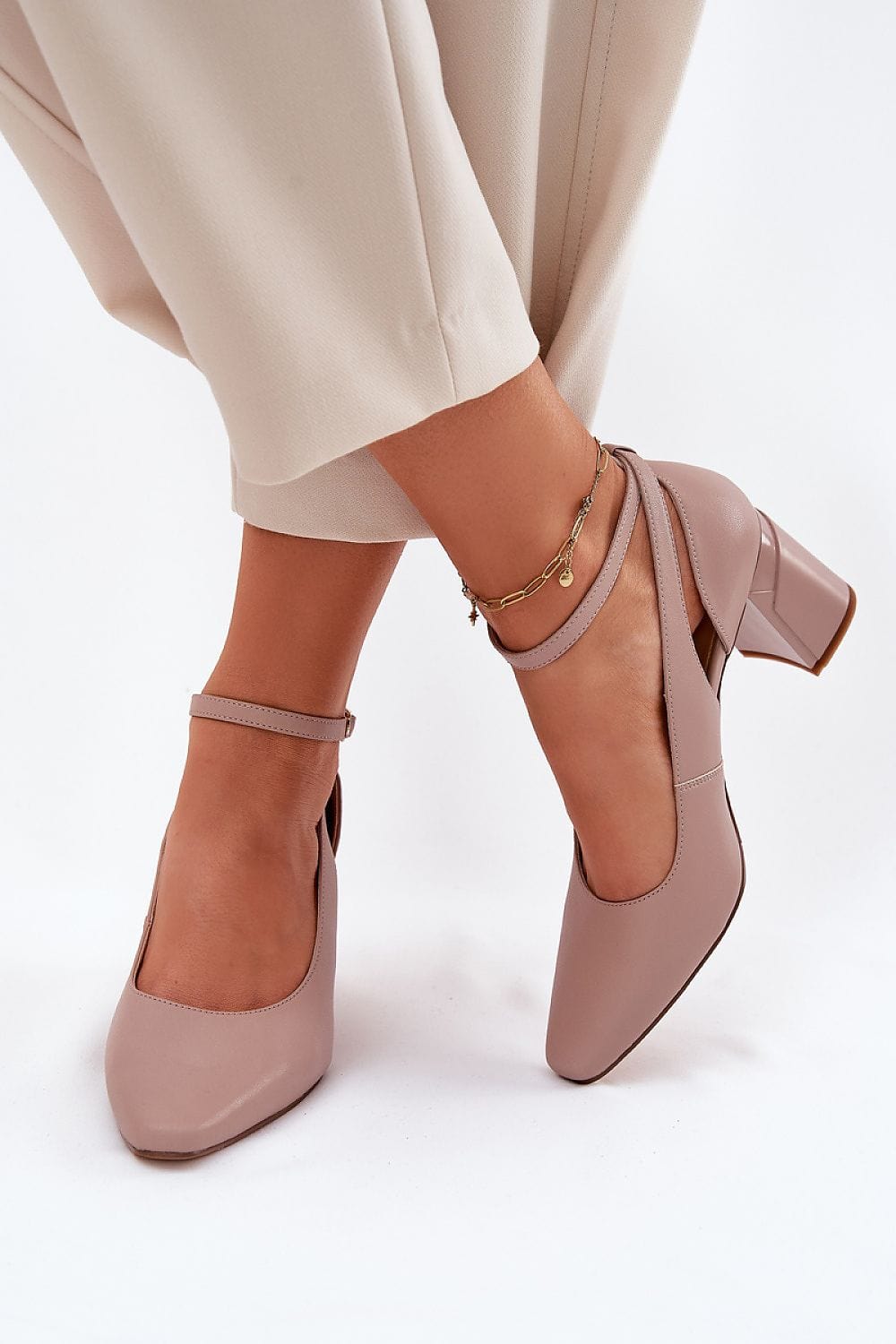 Women's Natural Leather Block Heel Pumps - ShalayeFashion