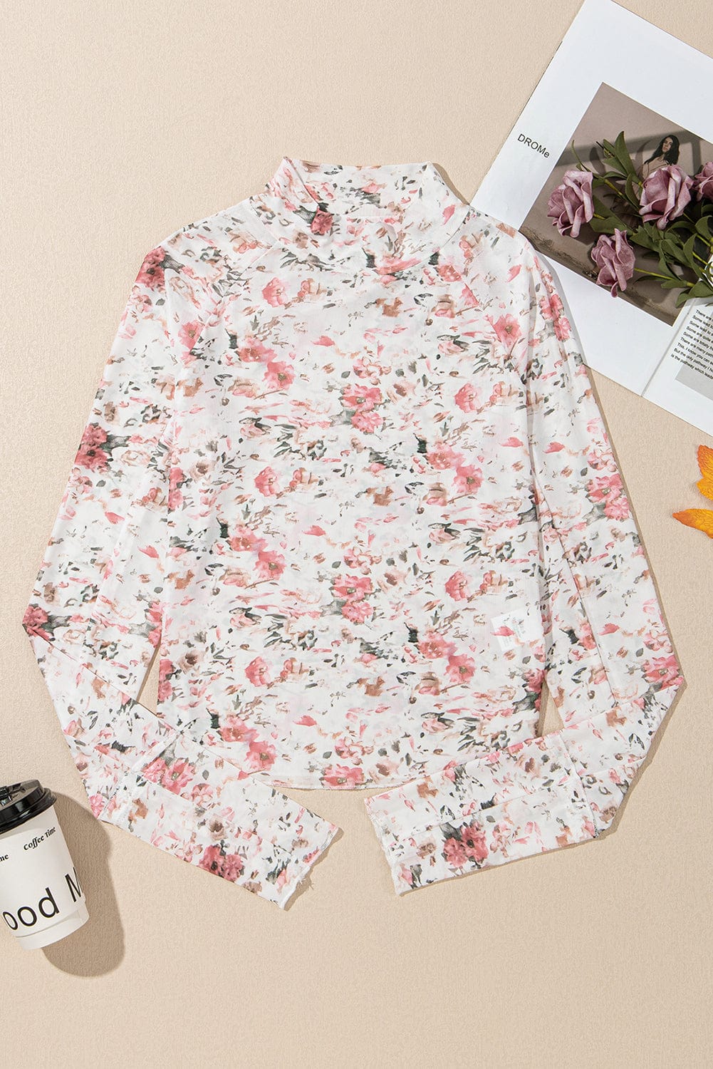 Women’s Pink Floral Mesh High Neck Top - ShalayeFashion