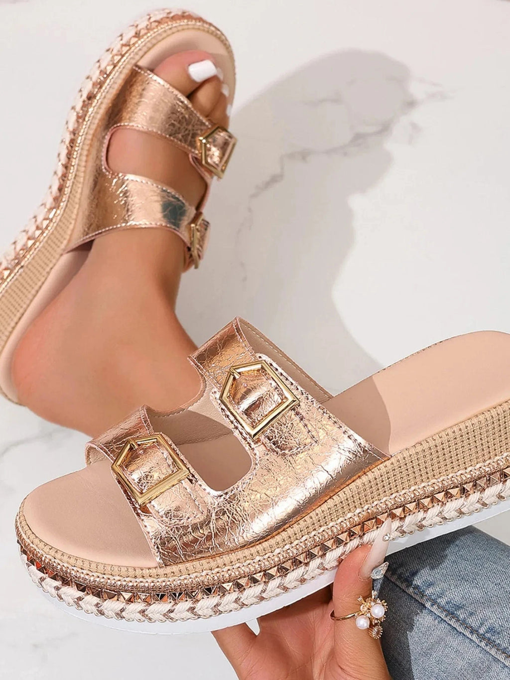 Women's Platform Double Buckle Low Heel - ShalayeFashion