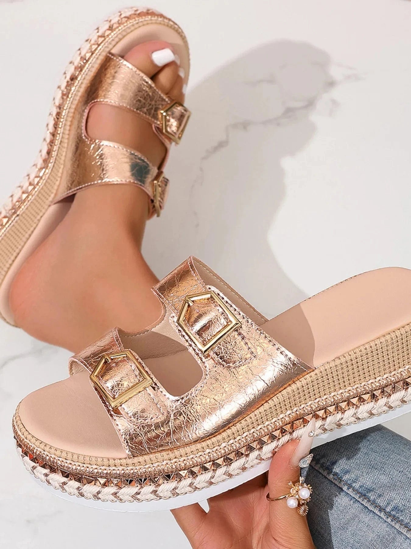 Women's Platform Double Buckle Low Heel - ShalayeFashion