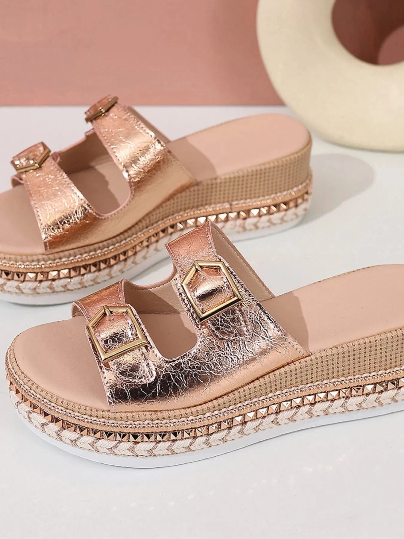 Women's Platform Double Buckle Low Heel - ShalayeFashion