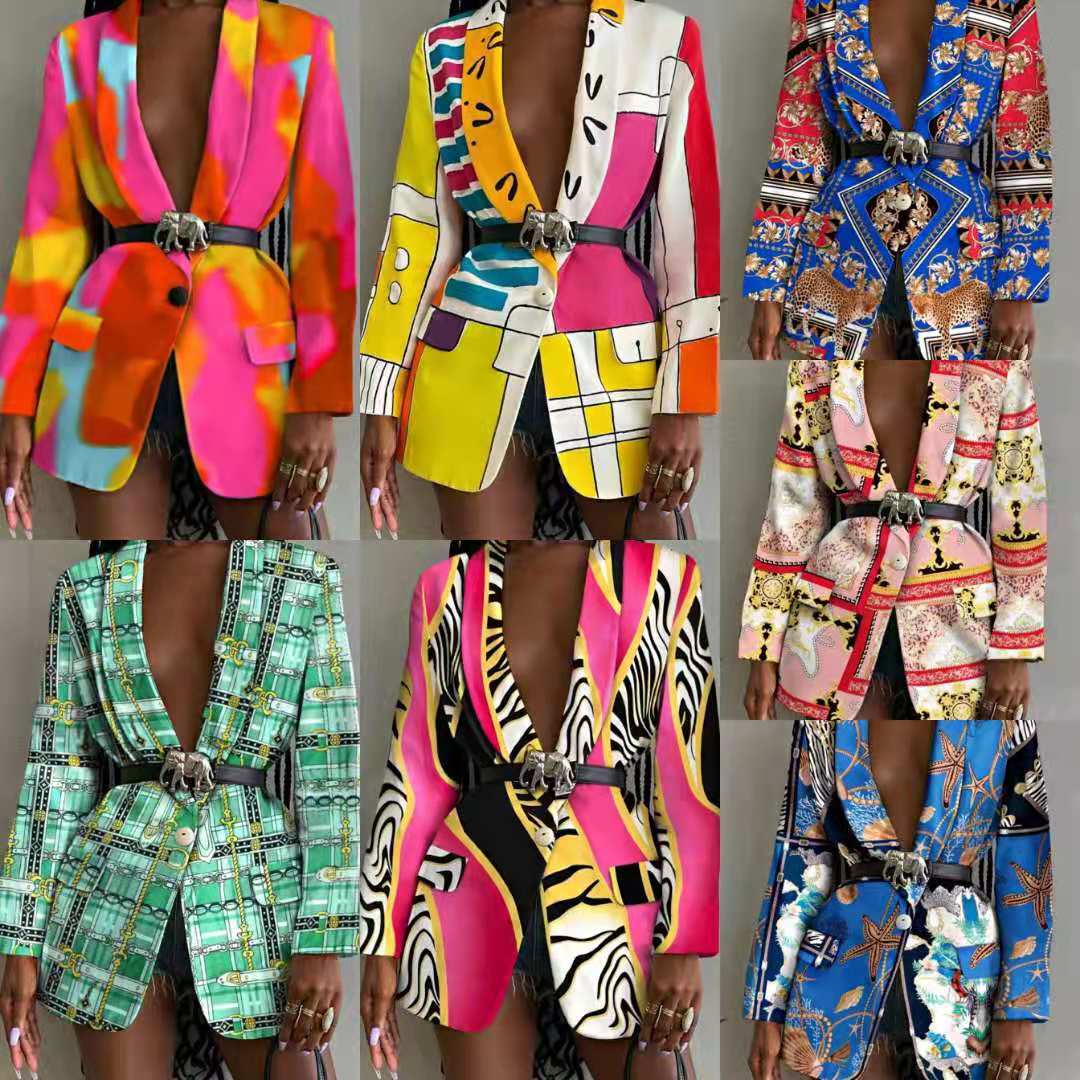 Women’s Printed Belted Blazer Jacket - ShalayeFashion