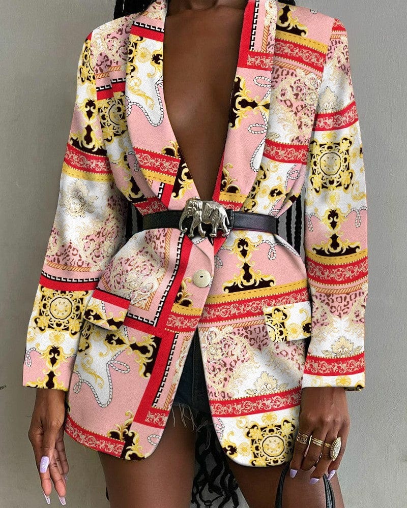 Women’s Printed Belted Blazer Jacket - ShalayeFashion