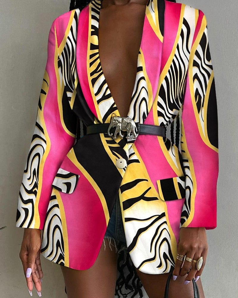 Women’s Printed Belted Blazer Jacket - ShalayeFashion