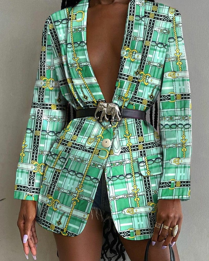 Women’s Printed Belted Blazer Jacket - ShalayeFashion
