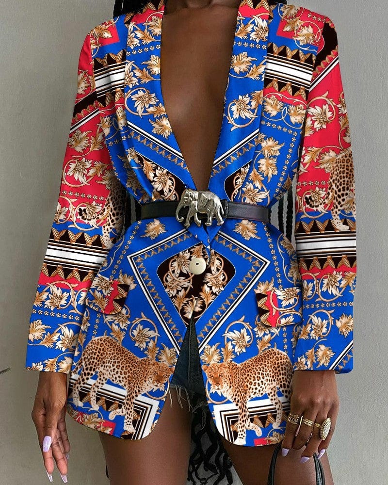 Women’s Printed Belted Blazer Jacket - ShalayeFashion
