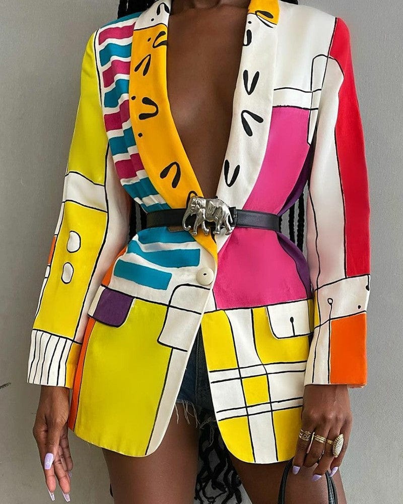 Women’s Printed Belted Blazer Jacket - ShalayeFashion