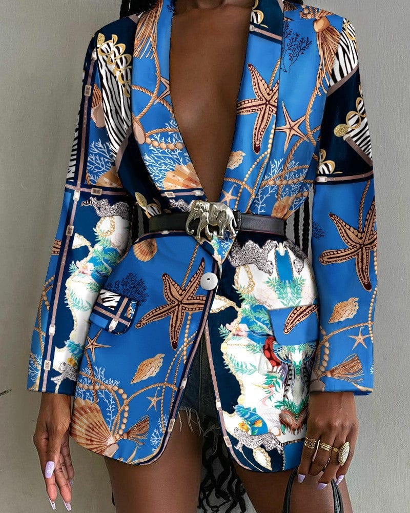 Women’s Printed Belted Blazer Jacket - ShalayeFashion