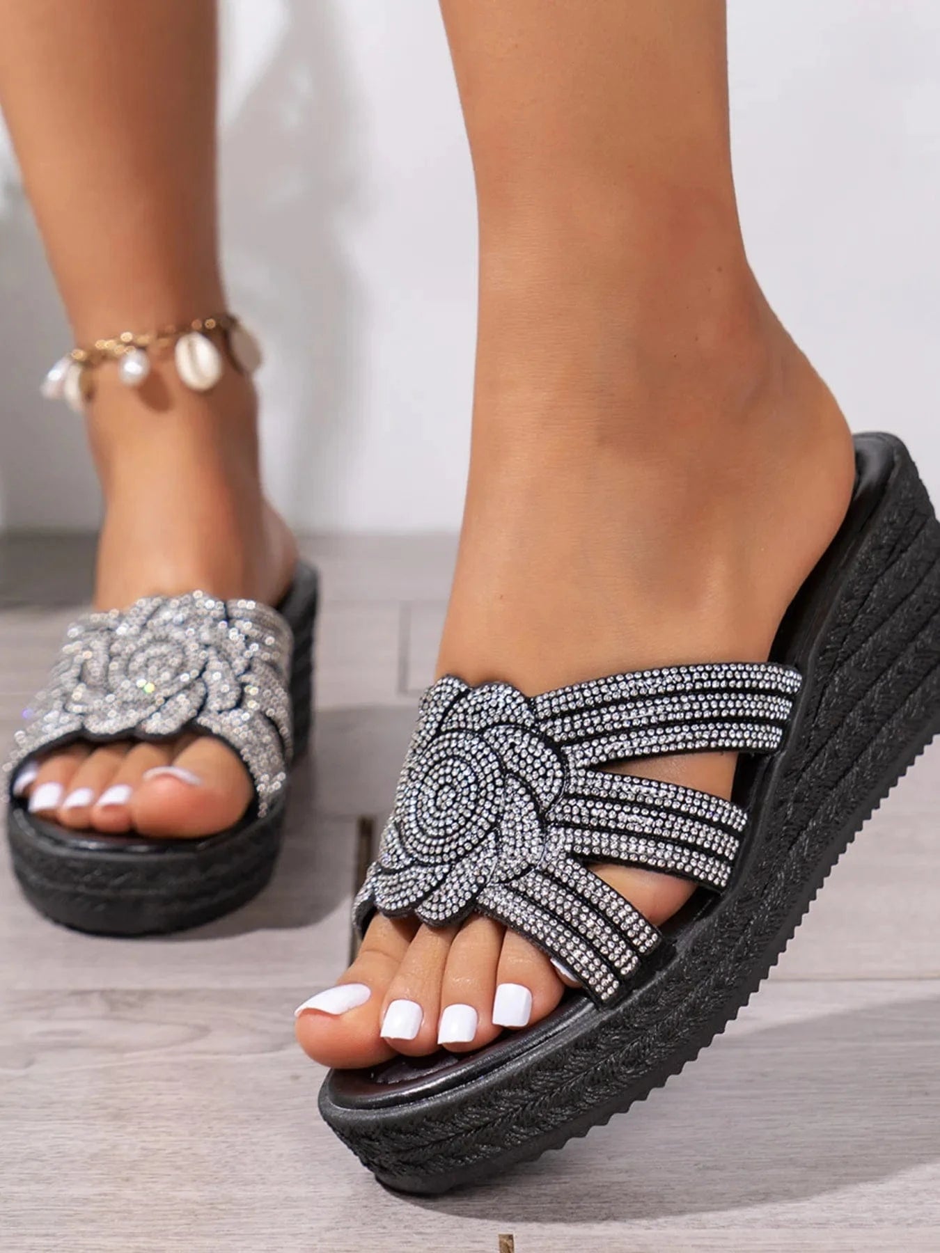 Women's Rhinestone Embellished Wedge Mid - ShalayeFashion