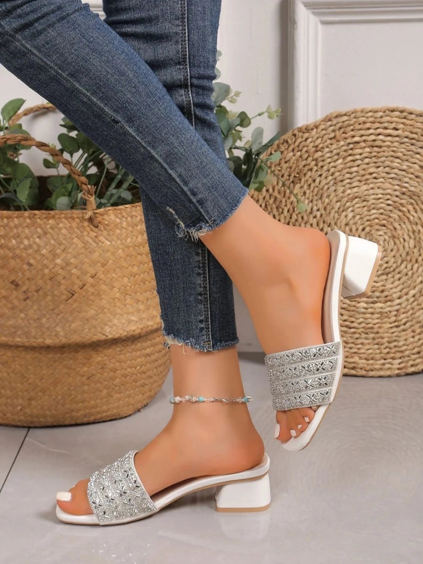Women's Rhinestone Mid Heels Block Open - ShalayeFashion