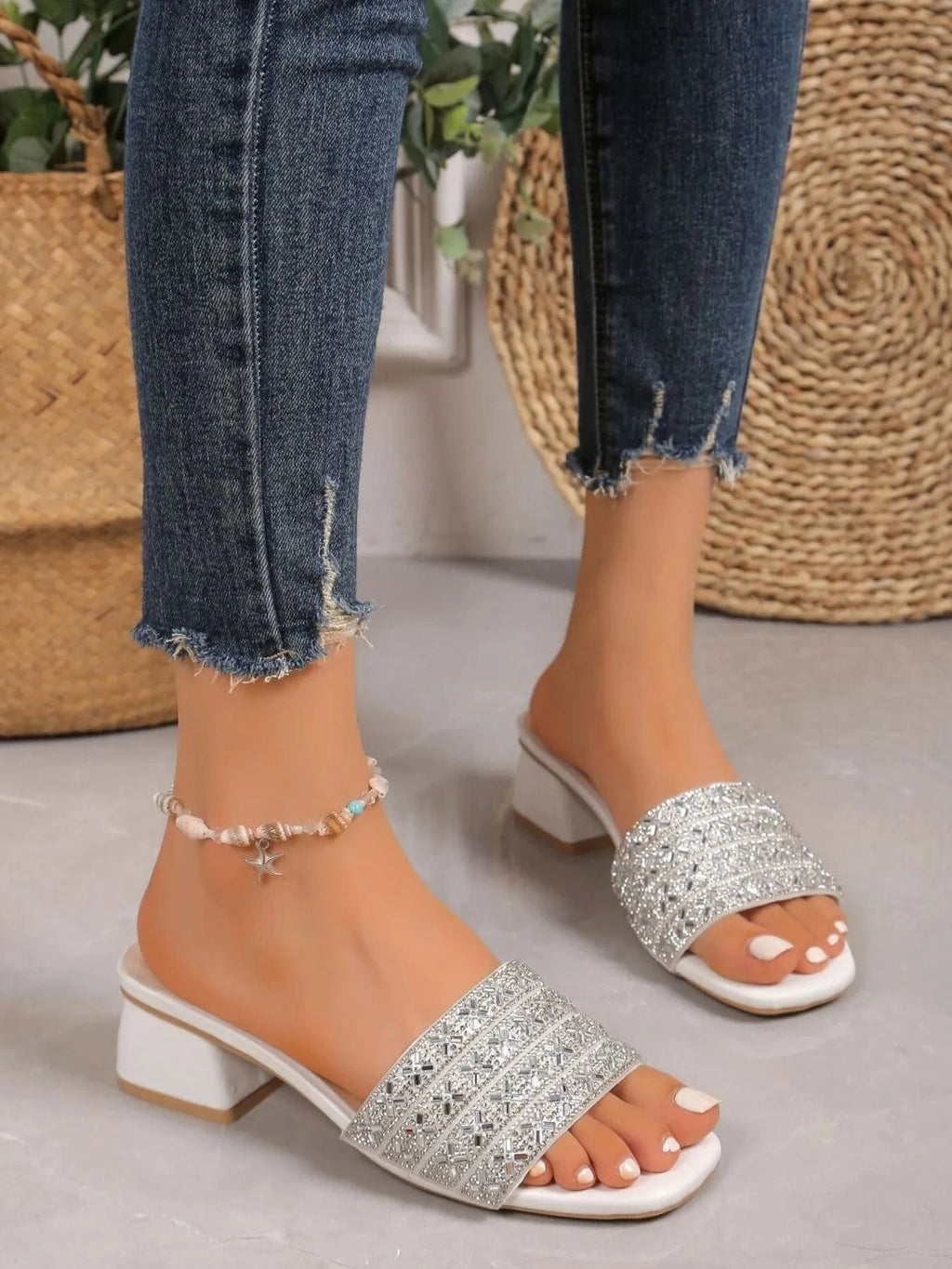 Women's Rhinestone Mid Heels Block Open - ShalayeFashion