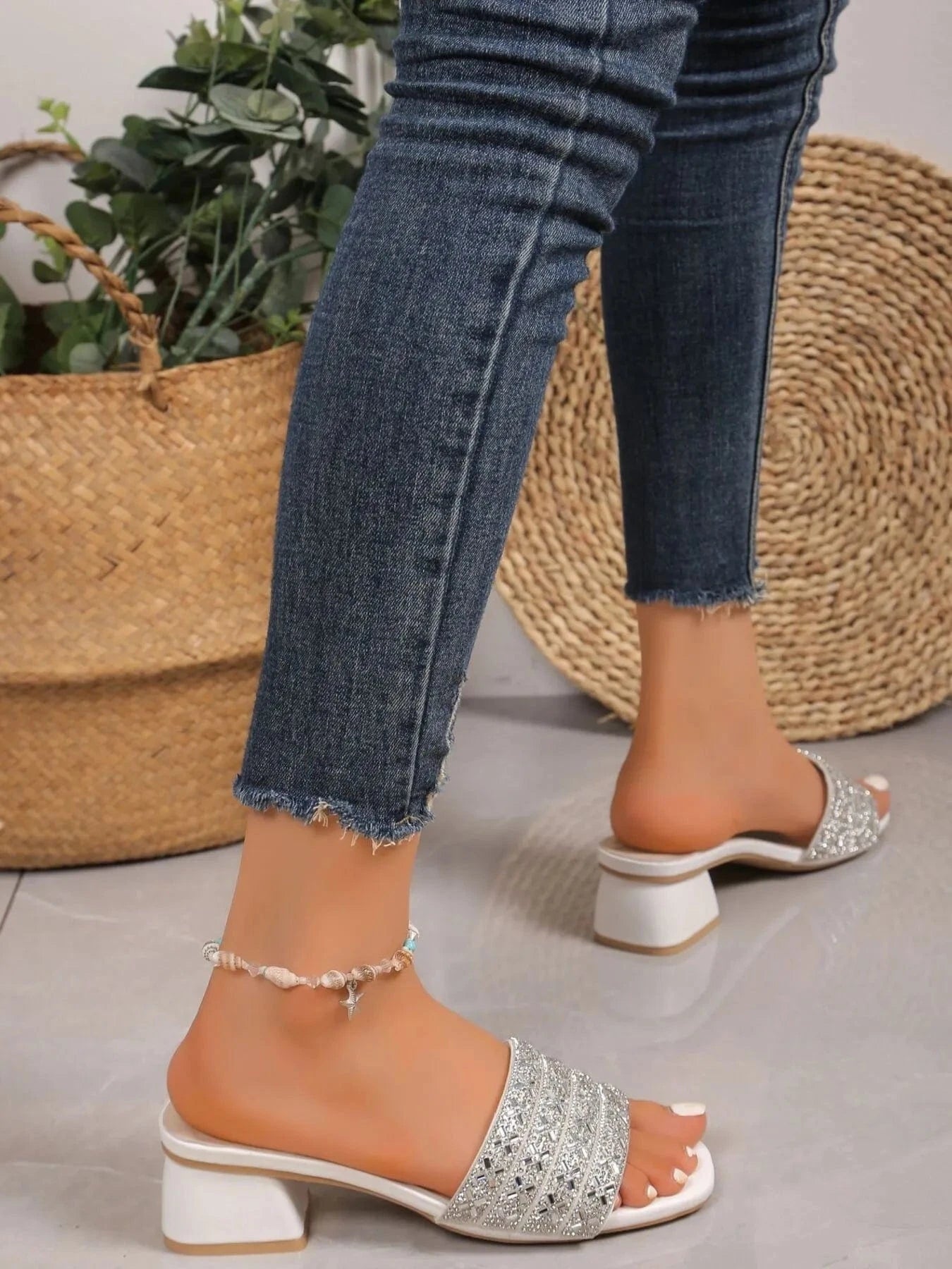 Women's Rhinestone Mid Heels Block Open - ShalayeFashion