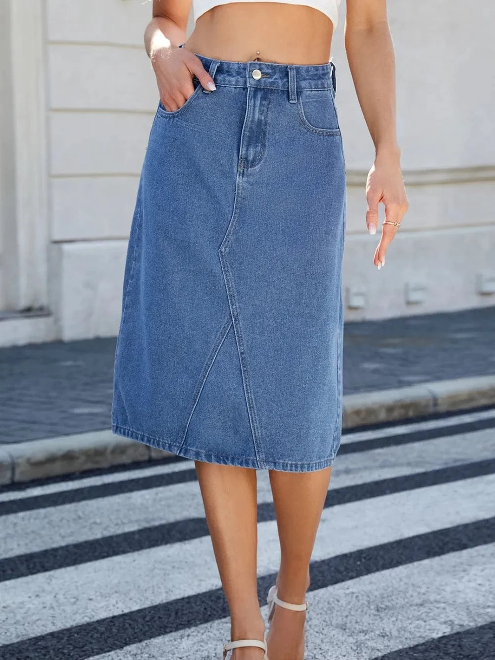 Women’s Slit Back Midi Denim Skirt - ShalayeFashion