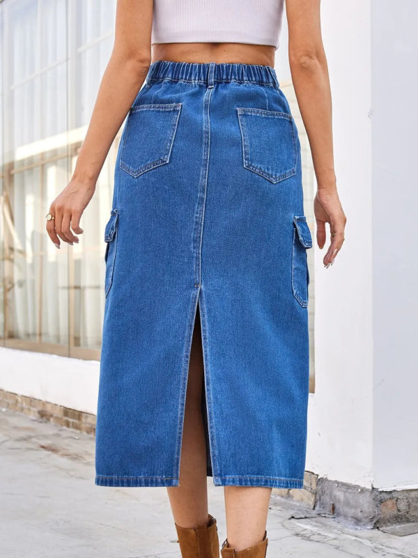 Women’s Slit Midi Denim Skirt Pockets - ShalayeFashion