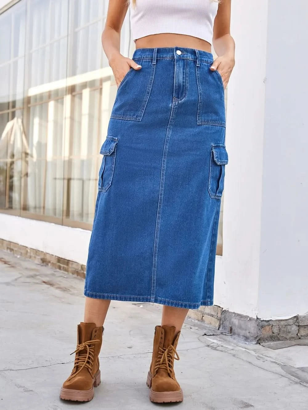 Women’s Slit Midi Denim Skirt Pockets - ShalayeFashion