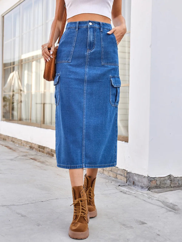 Women’s Slit Midi Denim Skirt Pockets - ShalayeFashion