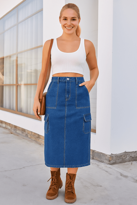 Women’s Slit Midi Denim Skirt Pockets - ShalayeFashion